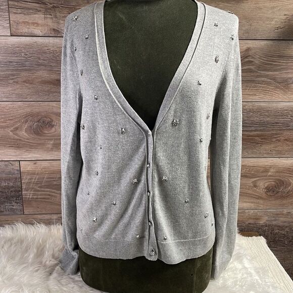 Elle Gray Rhinestones Long Sleeve Button Up SweaterCardigan - Picture 1 of 10